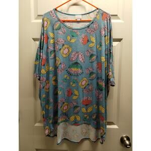Lularoe Women's Plus Size 3X IRMA Blue Floral High-Low Elbow Sleeve Tunic Top